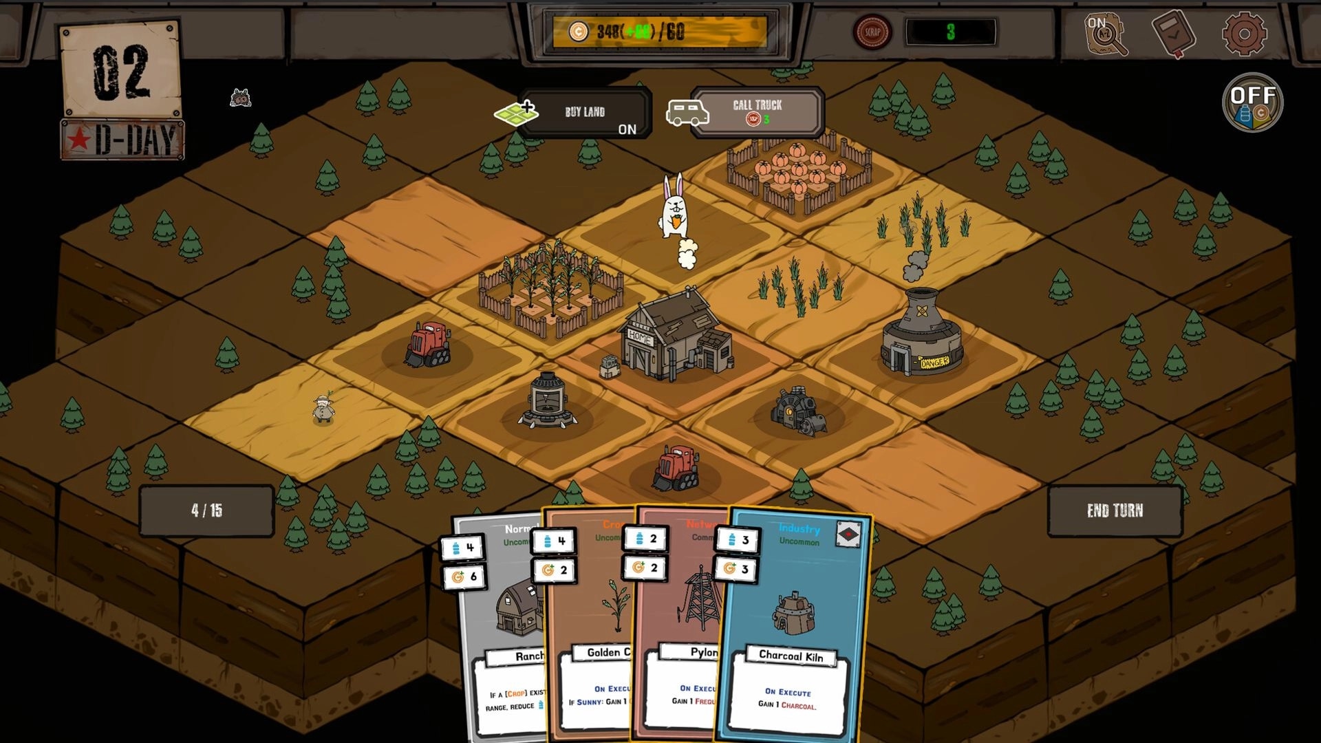 Card Homestead: Placing farm cards and buildings on grid plot with hand UI and End Turn button.