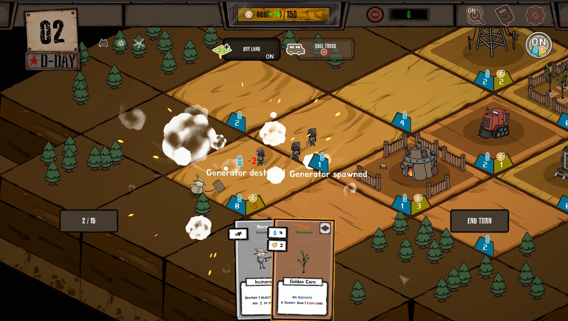 Card Homestead: Explosions destroy a generator and spawn enemies on a grid farm with cards and End Turn UI.