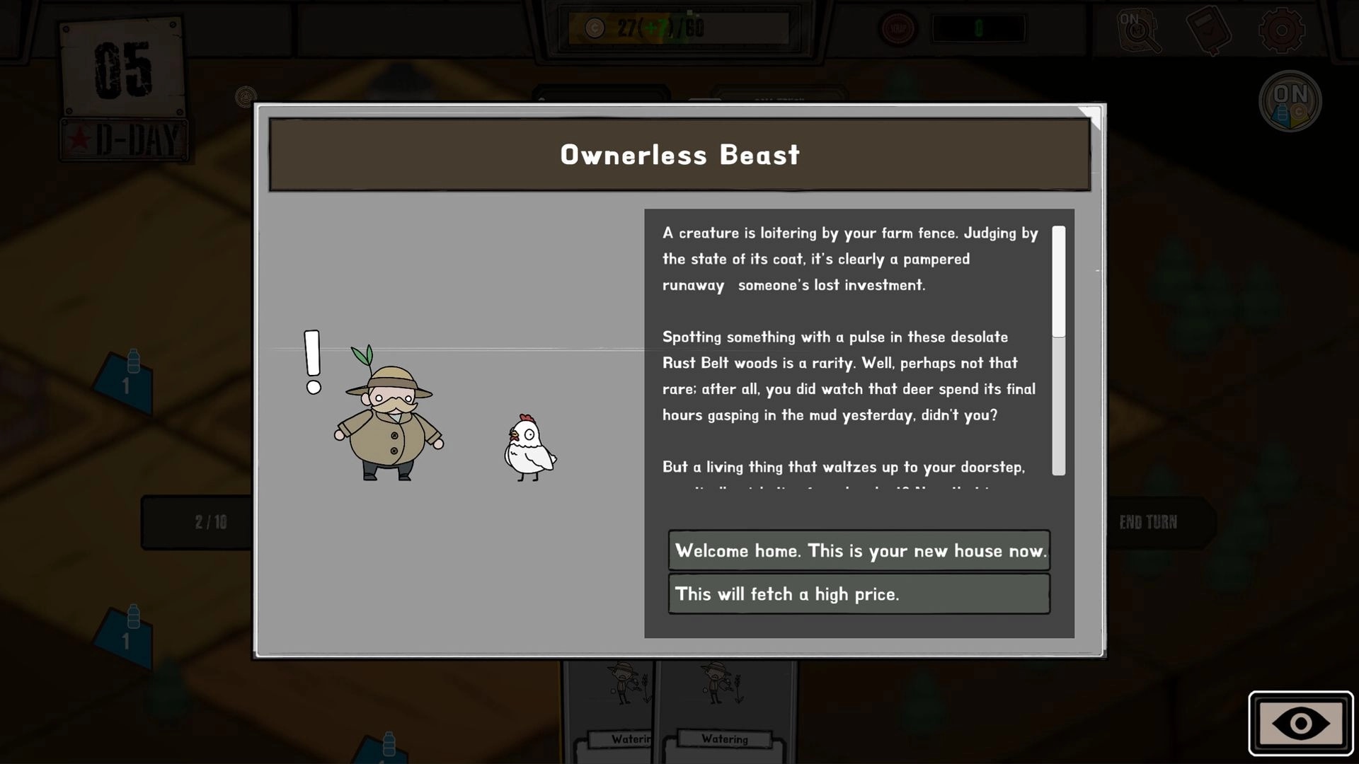 Card Homestead: Ownerless Beast event popup with farmer and chicken, choice buttons over farm board.