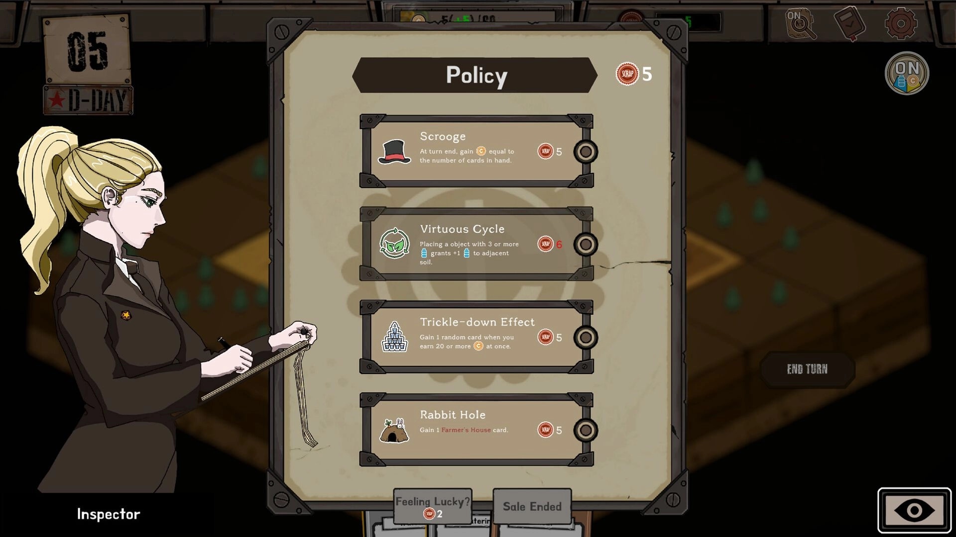 Card Homestead: Policy selection menu with Inspector portrait and perk list over farm plot background.