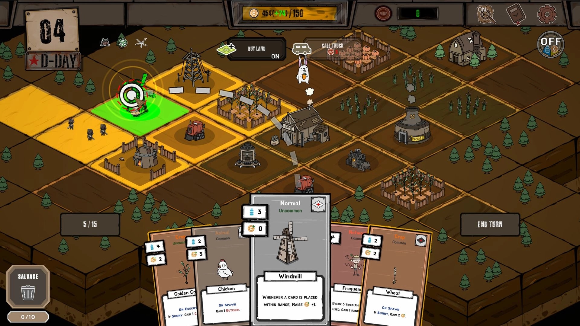 Card Homestead: Windmill card selected over farm grid with crops, buildings, and End Turn UI buttons.
