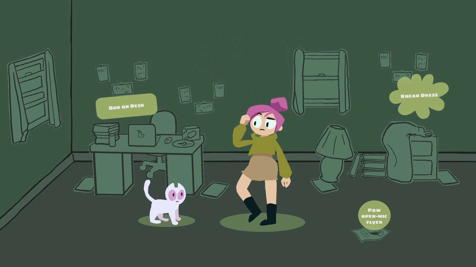 Cardamom: Cartoon cat and character in cluttered room with interactive options like "Rub on Desk"