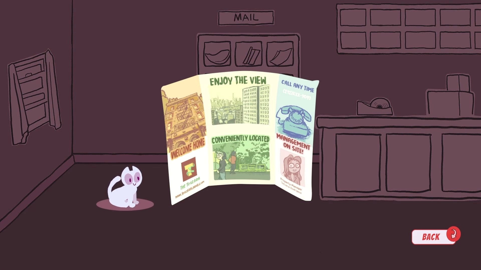 Cardamom: Cartoon cat in lobby with brochures and mail desk, red "Back" button in lower corner