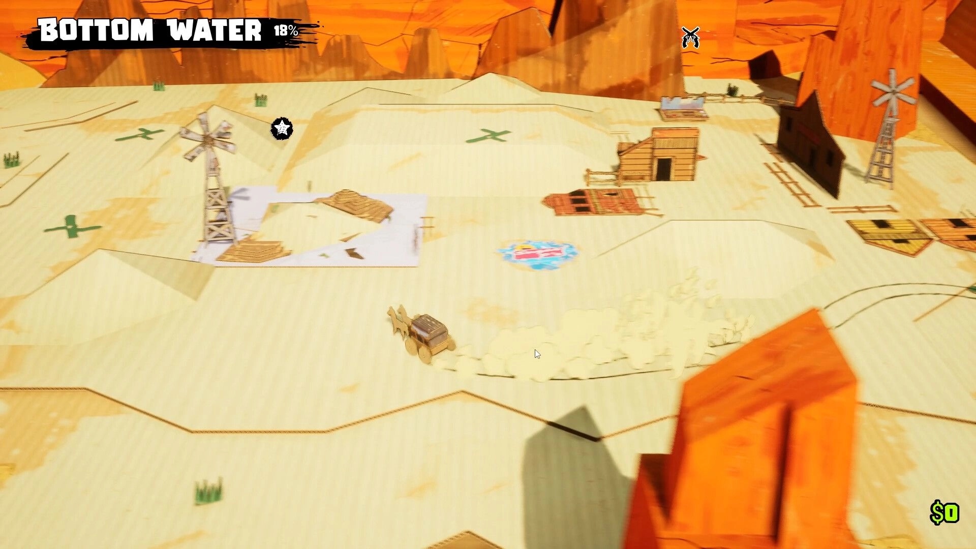 Cardboard Cowboy: Overhead map view labeled BOTTOM WATER 18% with windmills and desert buildings.
