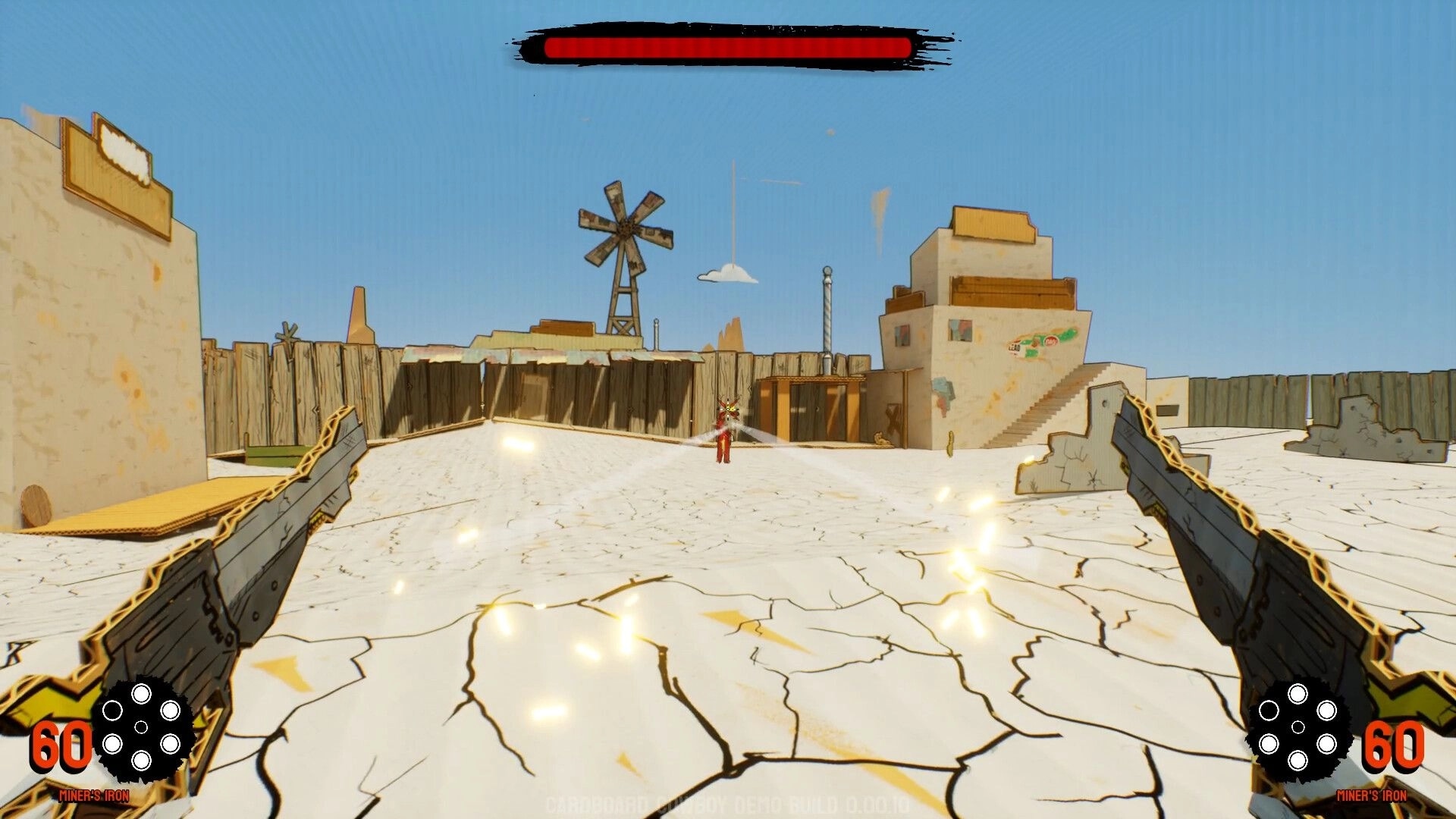 Cardboard Cowboy: Dual-wield pistols firing at a red target dummy in a dusty paper corral arena.