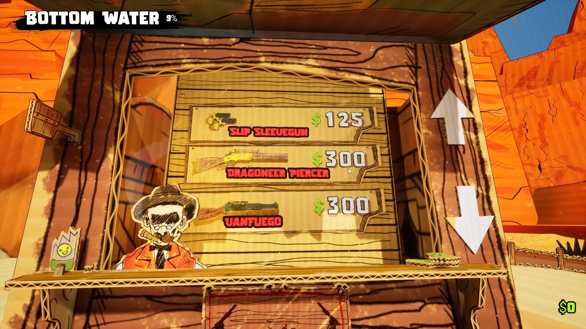 Cardboard Cowboy: Weapon shop menu with three guns and prices at a cardboard stall in desert canyon town.