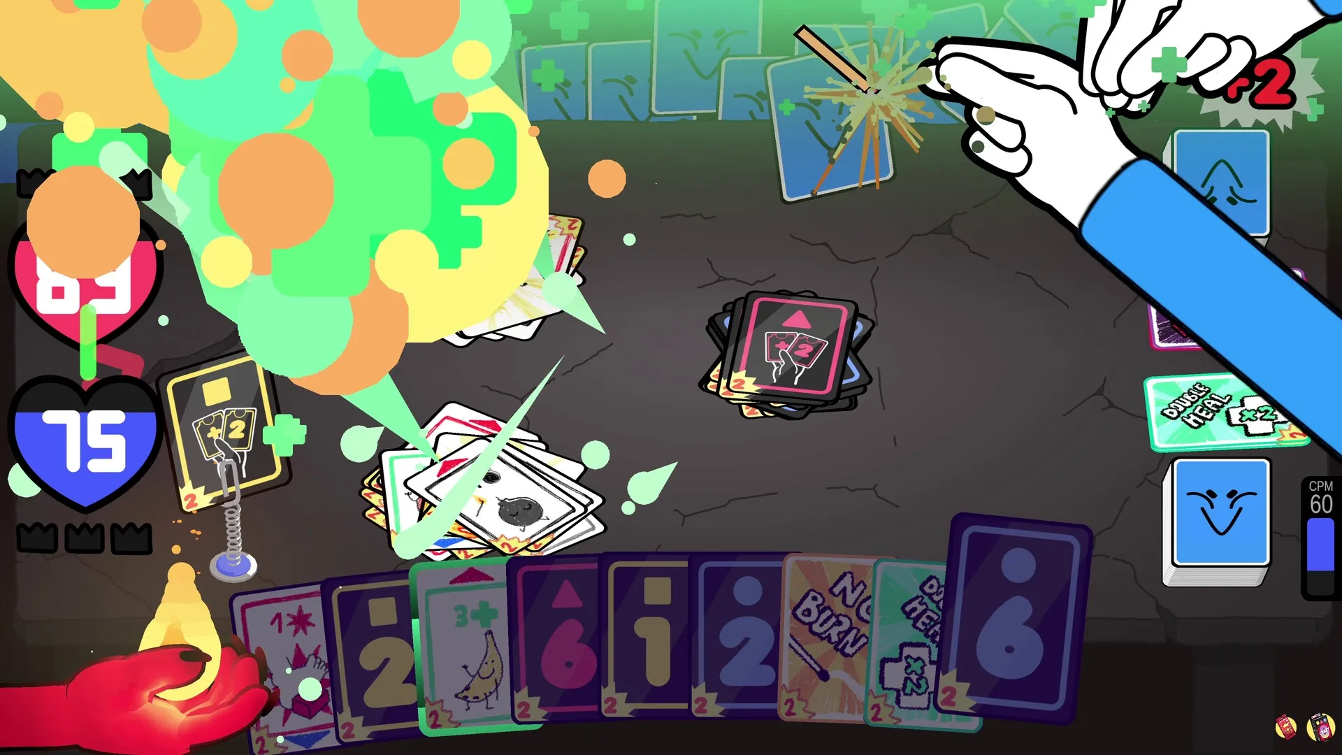 Cardburners: Animated hand plays card in vibrant, chaotic arena with colorful effects and score display.