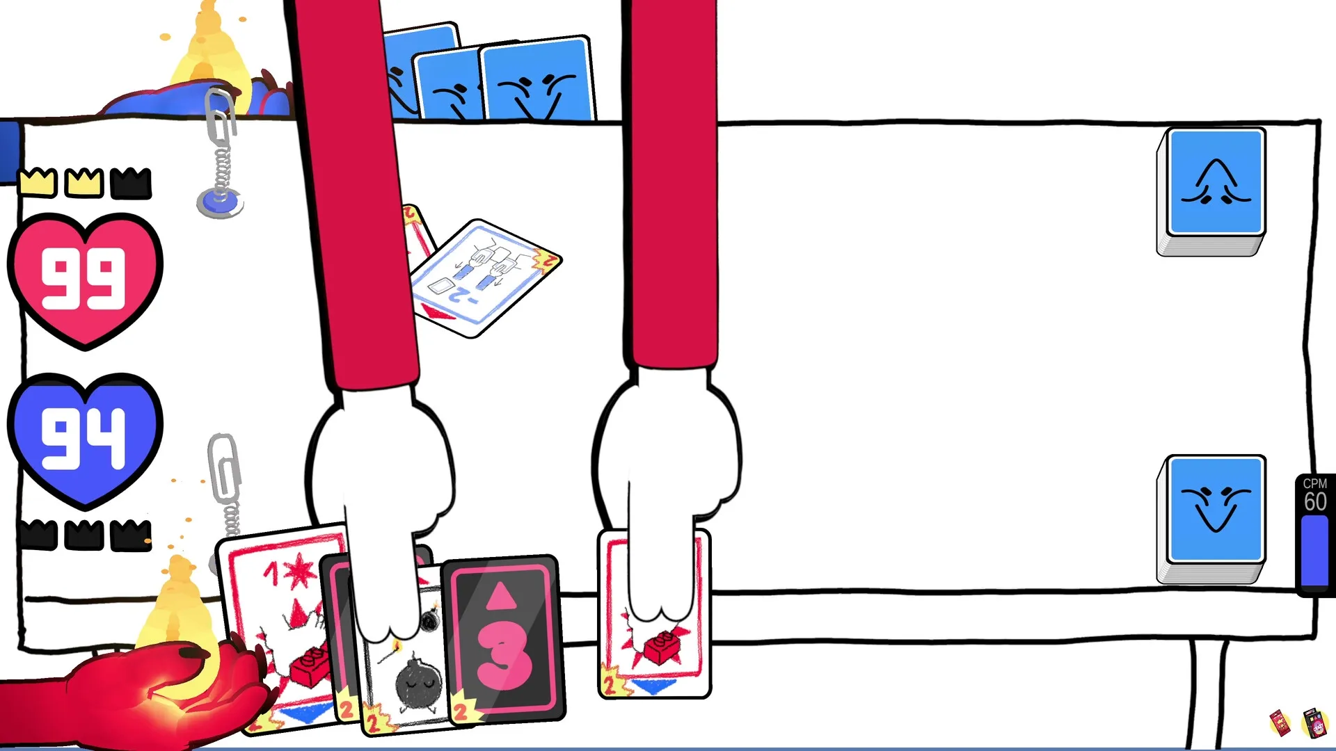 Cardburners: Two hands play cards with health scores and blue card decks in a minimalistic interface