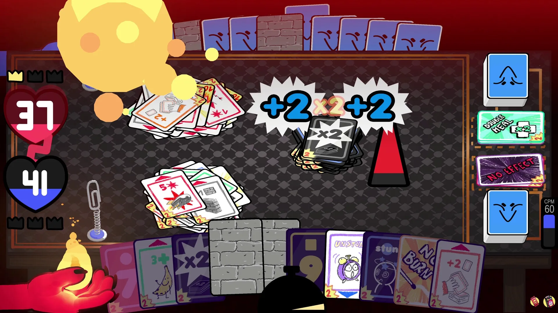 Cardburners: Player hand with various cards, score display, and action effects in a card duel arena