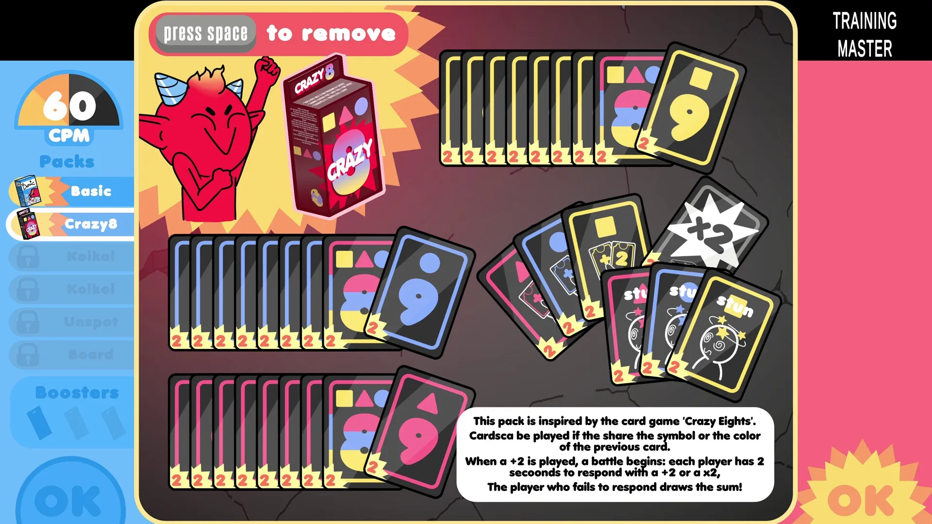 Cardburners: Crazy8 card pack selection with colorful cards and a red devil character on the left.