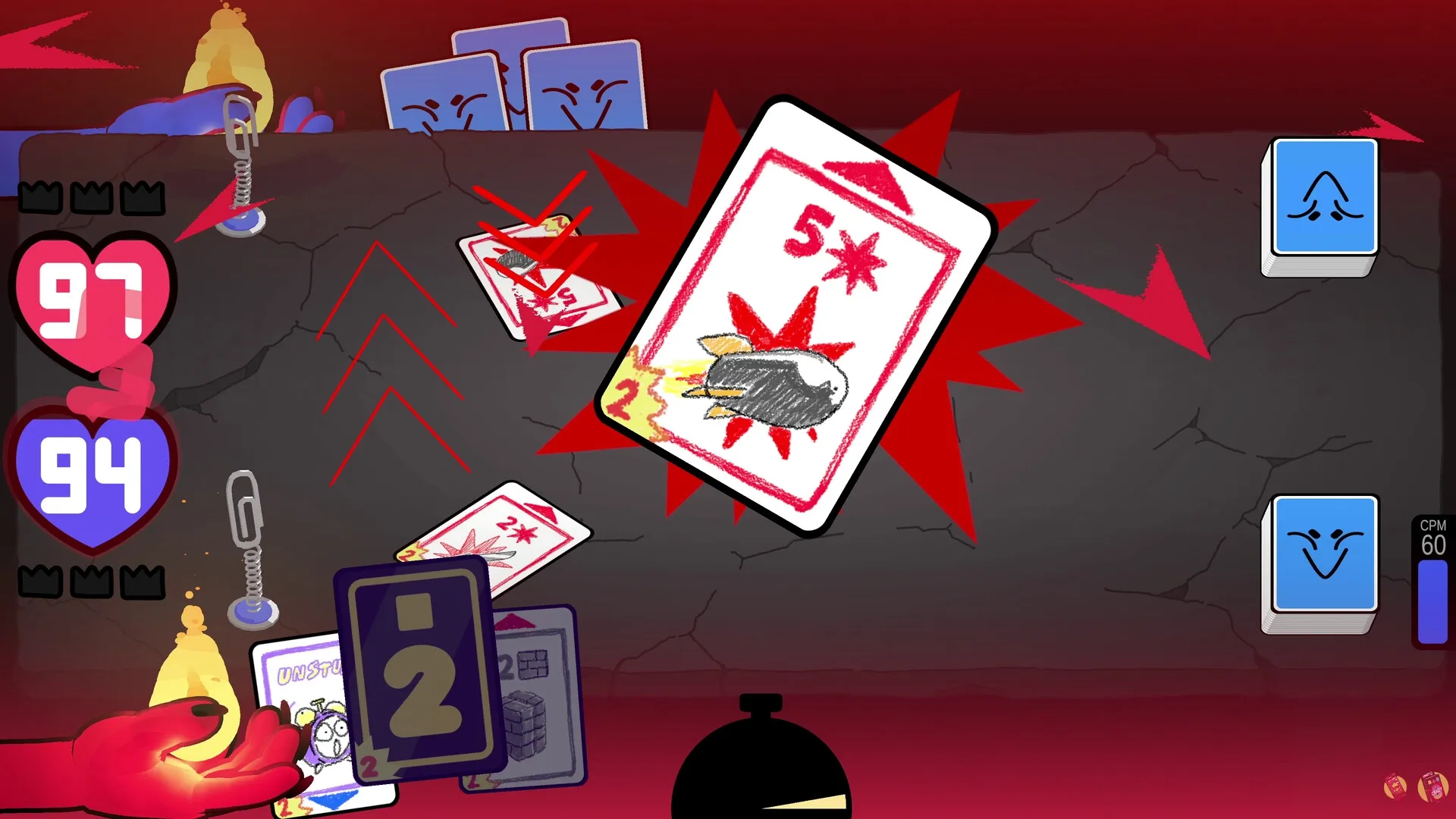 Cardburners: Intense card battle with animated effects, score display, and various card designs on table