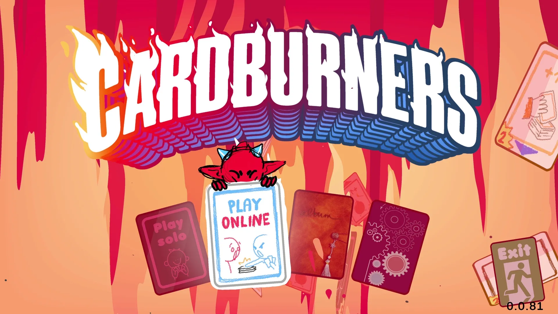Cardburners: Main menu with "Play Solo" and "Play Online" cards held by a red creature in fiery background