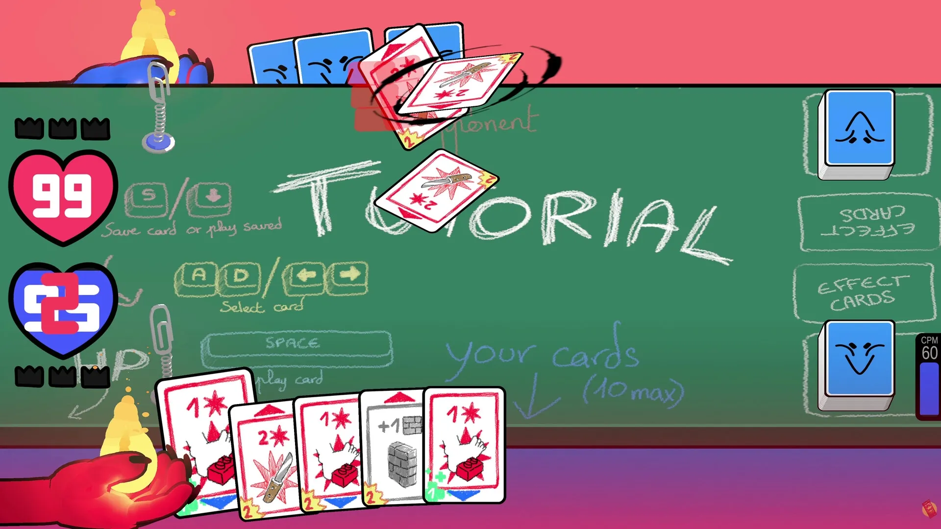 Cardburners: Tutorial screen with hand holding cards and game controls on chalkboard background
