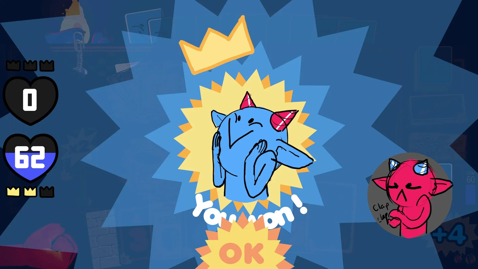 Cardburners: Victory screen with blue creature celebrating and score displayed on left side