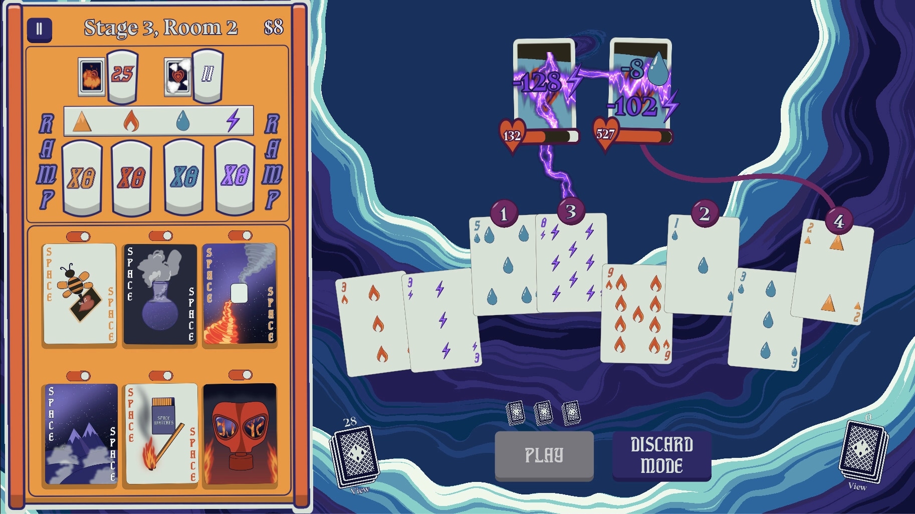 Cardinal Descent: Elemental cards in play with lightning effects in a strategic deckbuilding battle scene.