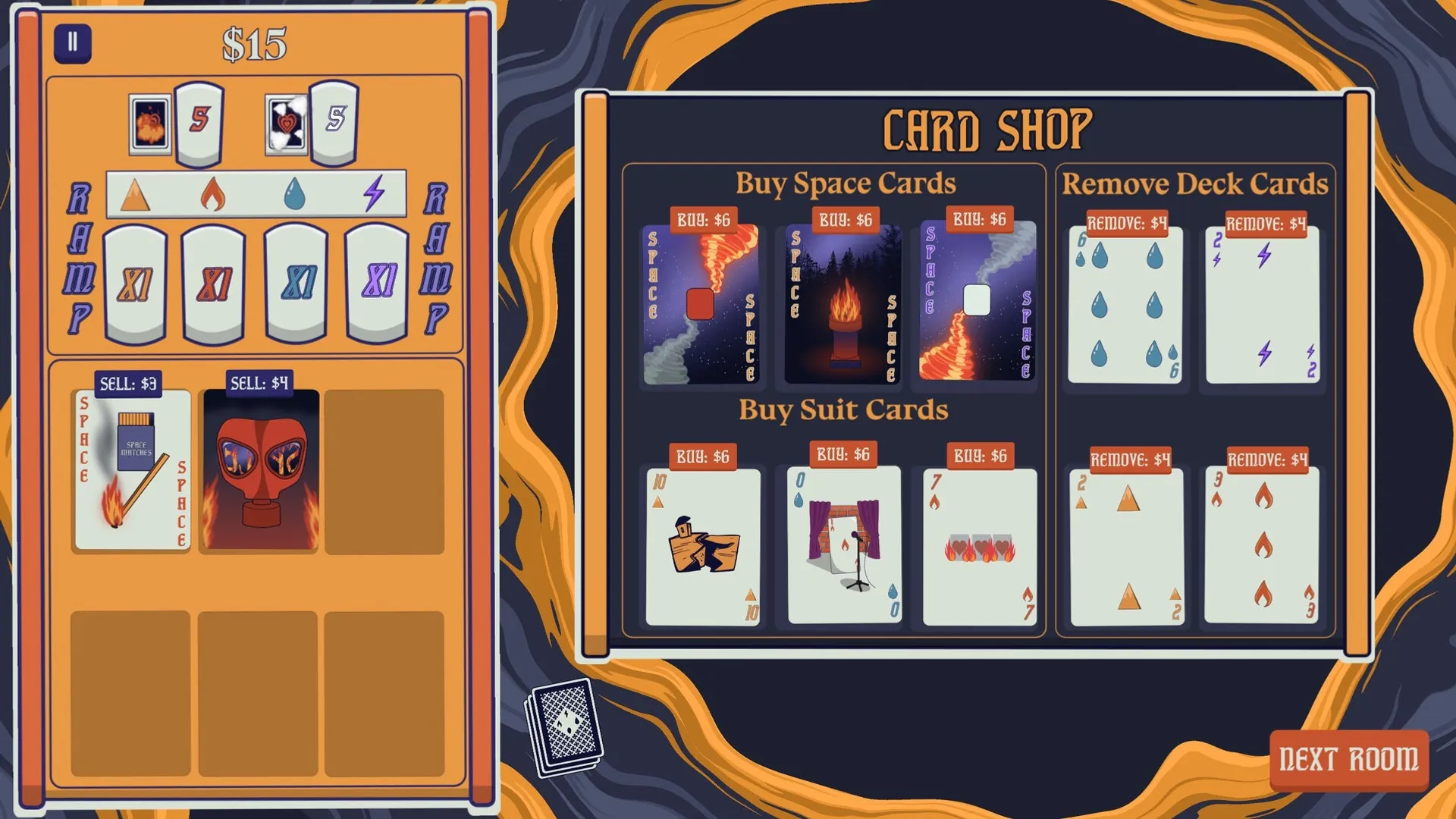 Cardinal Descent: Card shop interface with space cards, suit cards, and removal options visible