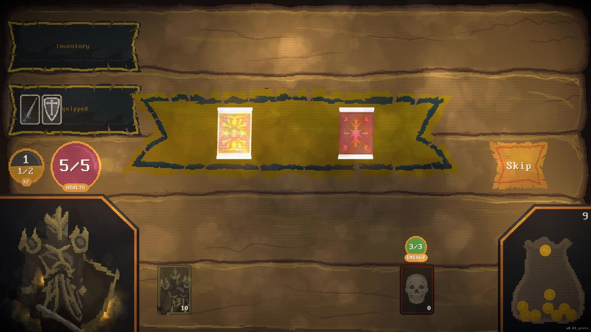 Cardoom: Card selection screen with health, inventory, and equipped items displayed on a wooden interface