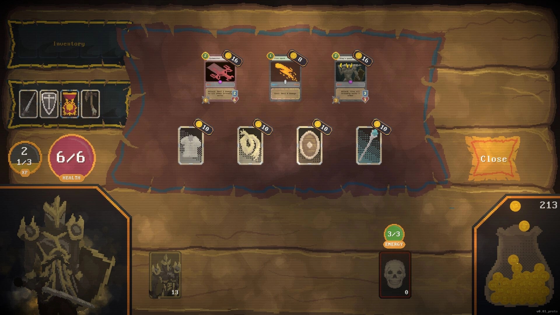 Cardoom: Card selection screen showing available cards, inventory, health, and currency in tavern setting