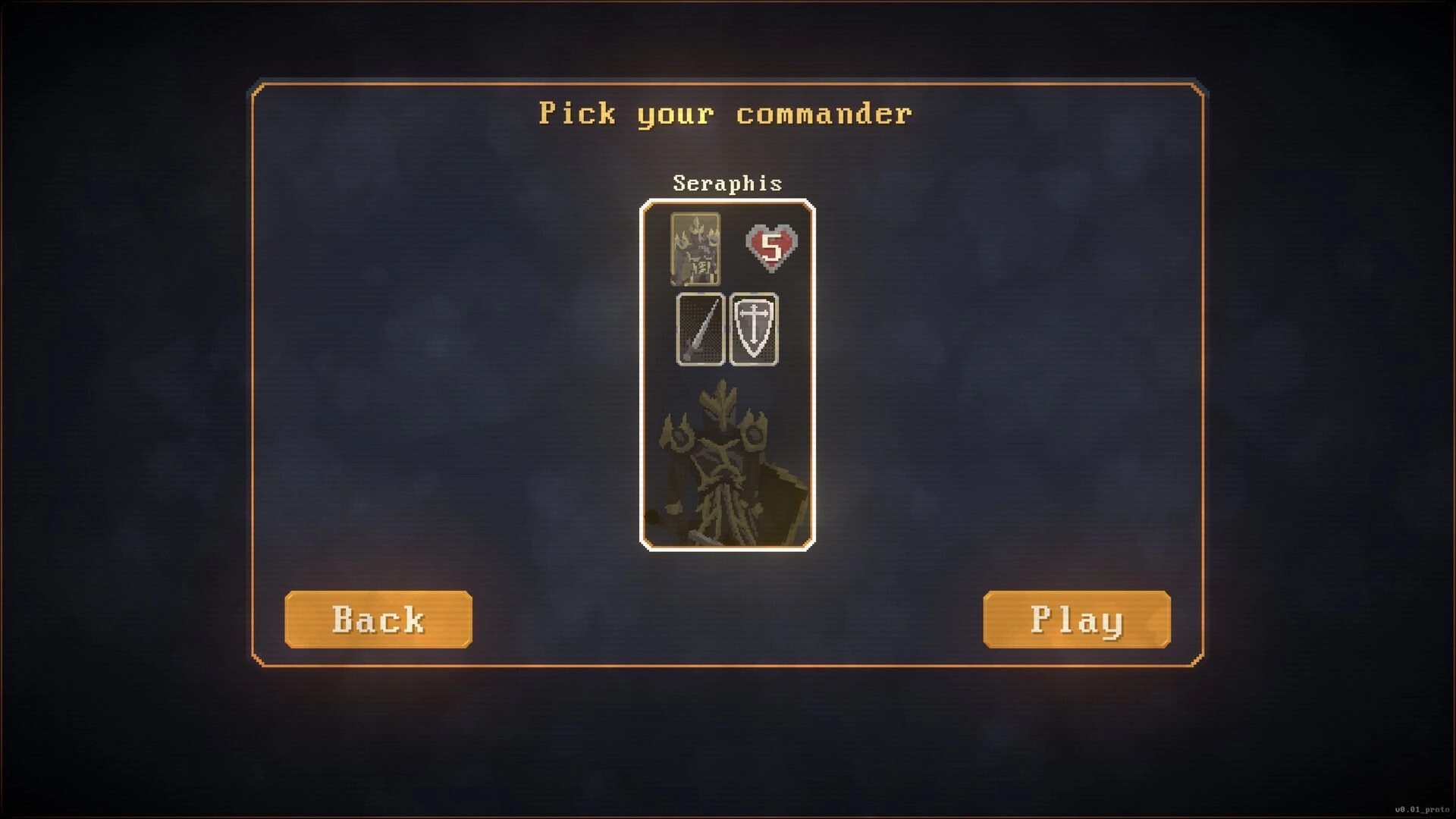 Cardoom: Commander selection screen with Seraphis character card and play or back options displayed