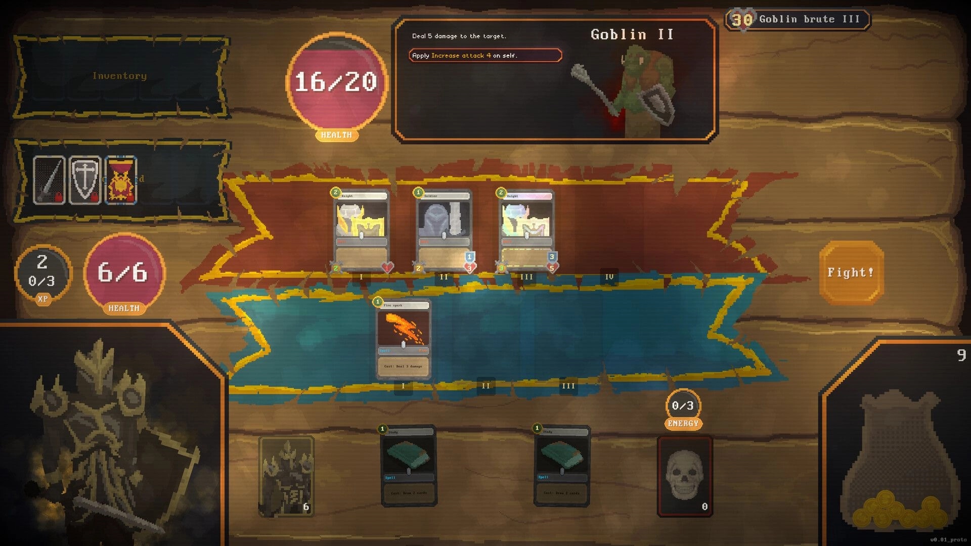 Cardoom: Player prepares for battle against Goblin II with cards and inventory on wooden table interface