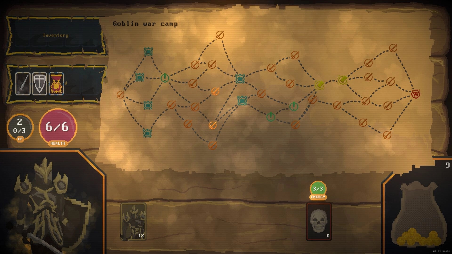 Cardoom: Path selection map in goblin war camp, inventory and health stats displayed on screen.