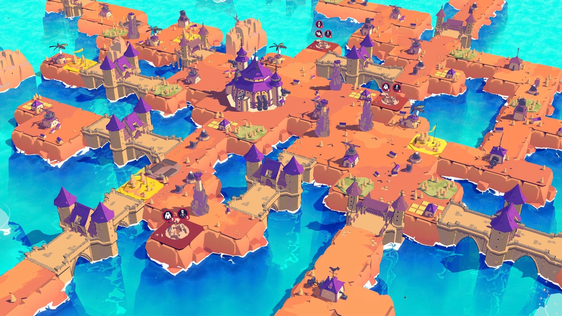 Cards & Cannons: Overworld map with purple castles and bridges across islands in bright blue seas.