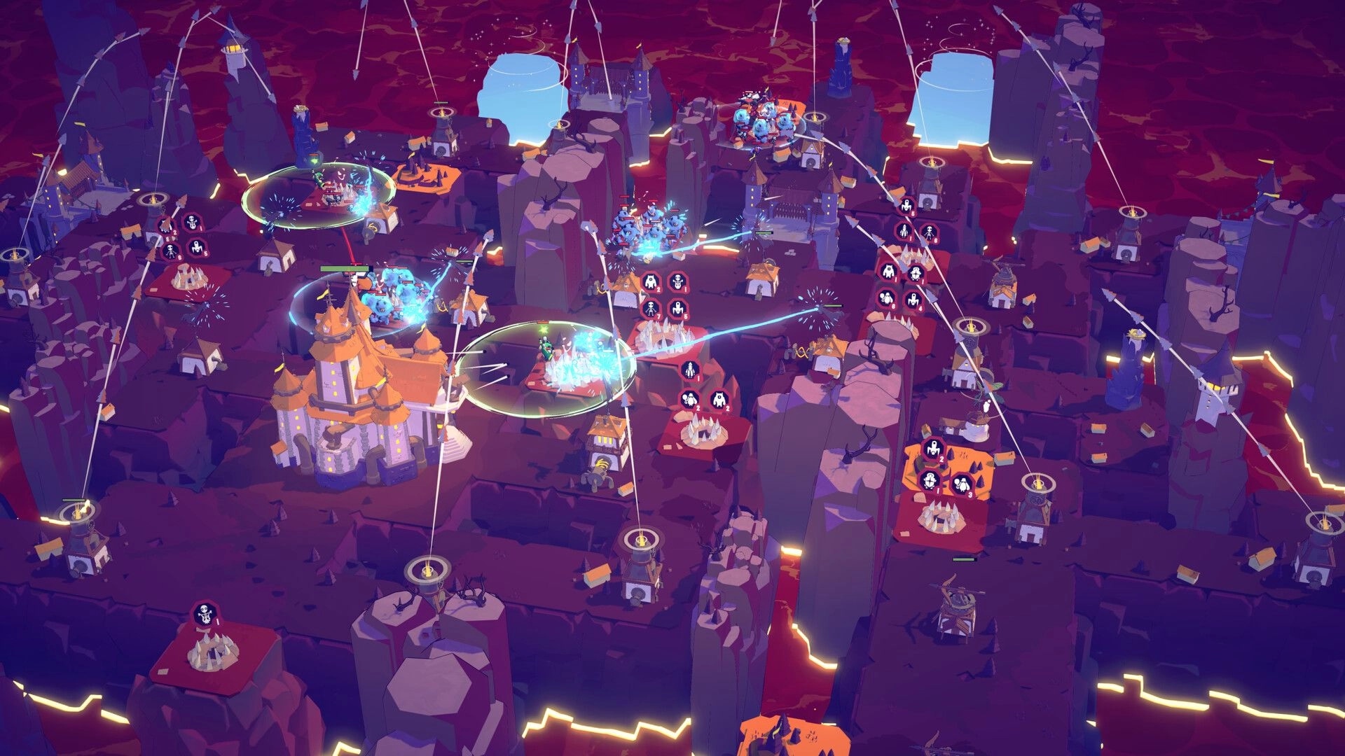 Cards & Cannons: Overhead tower defense battle with spell circles and ice enemies on lava cliffs map.