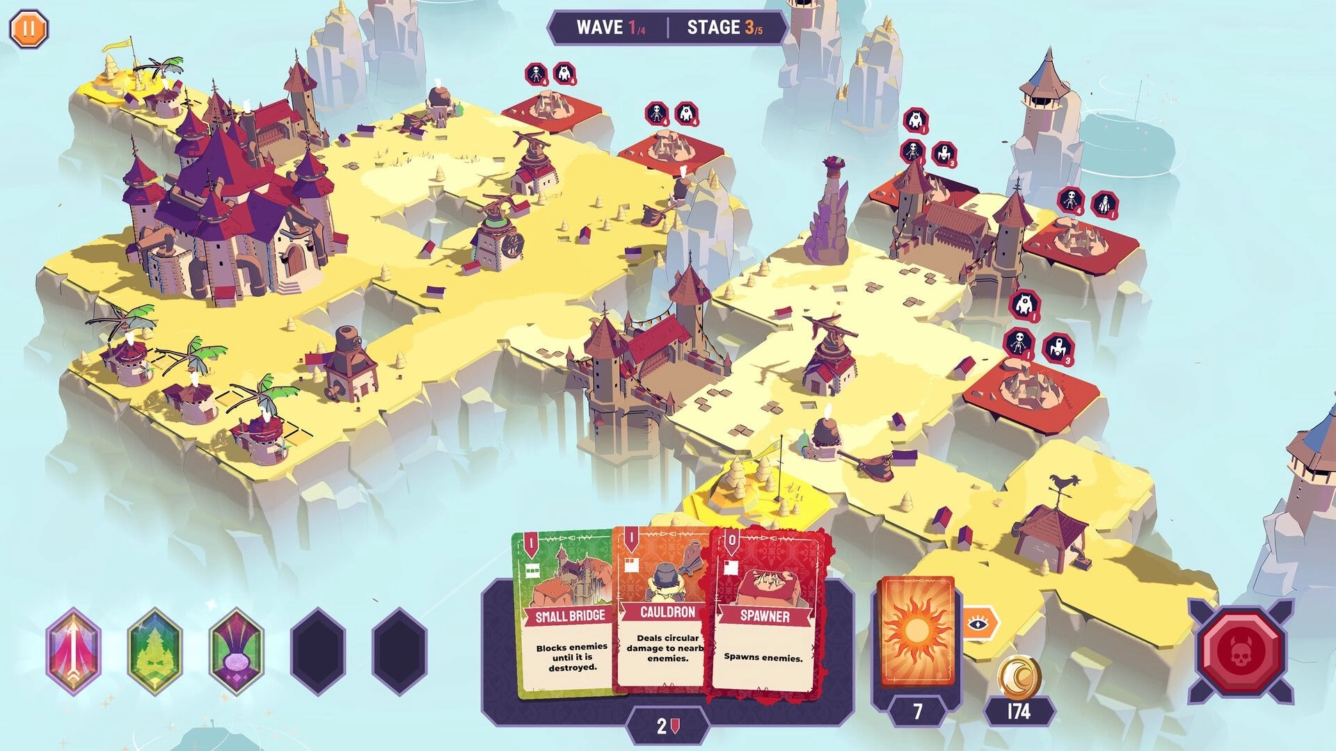 Cards & Cannons: Placing trap cards on floating castle paths in wave 1 stage 3 map view UI.