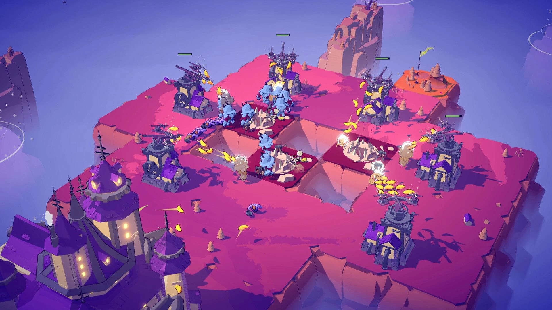 Cards & Cannons: Cannons and towers blast a marching enemy line across a pink cliffside battlefield.