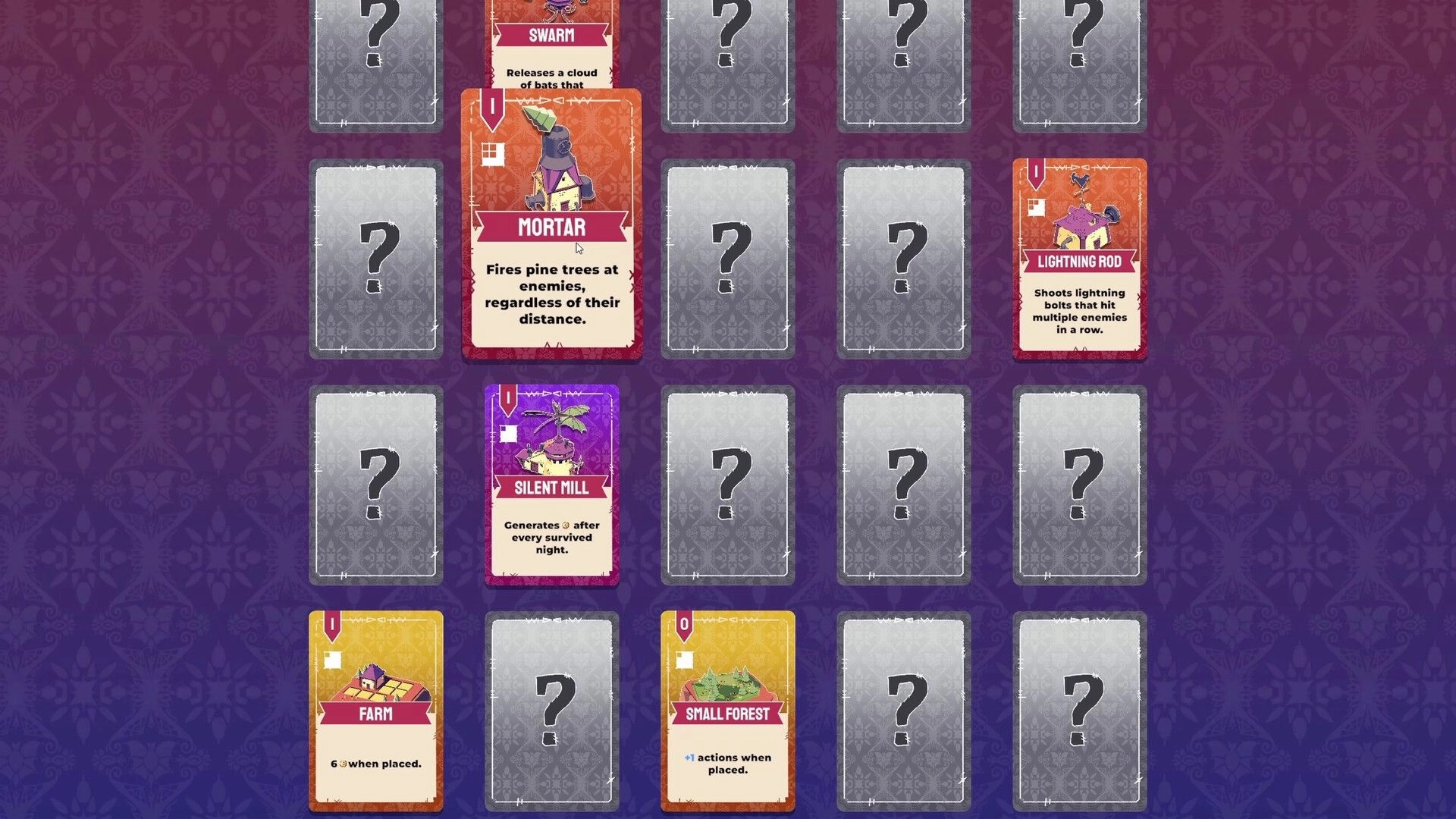 Cards & Cannons: Card draft grid with Mortar, Lightning Rod, Silent Mill, Farm and Small Forest on purple UI.