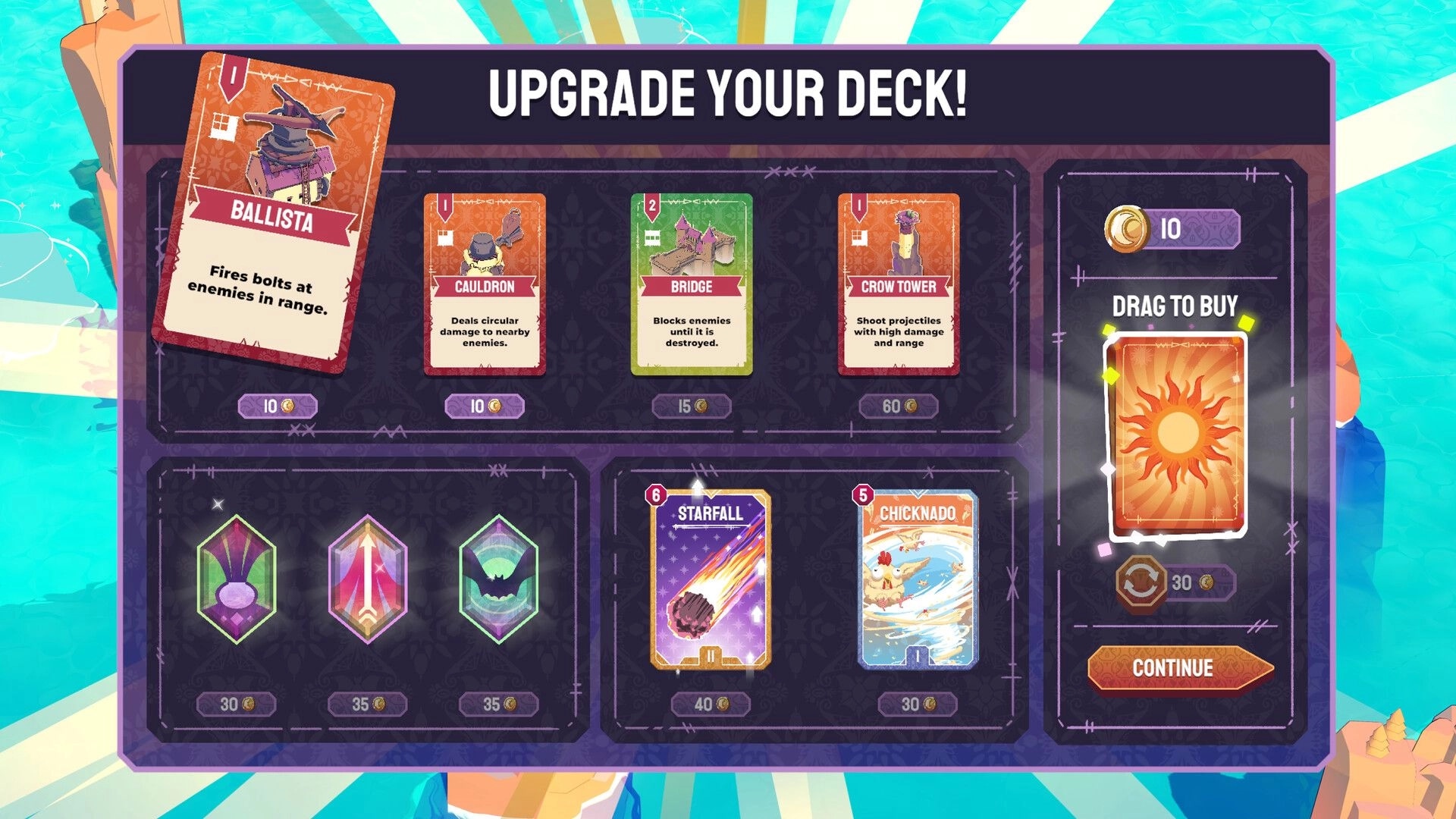 Cards & Cannons: Upgrade your deck shop with Ballista, Bridge and Crow Tower cards, drag to buy UI.