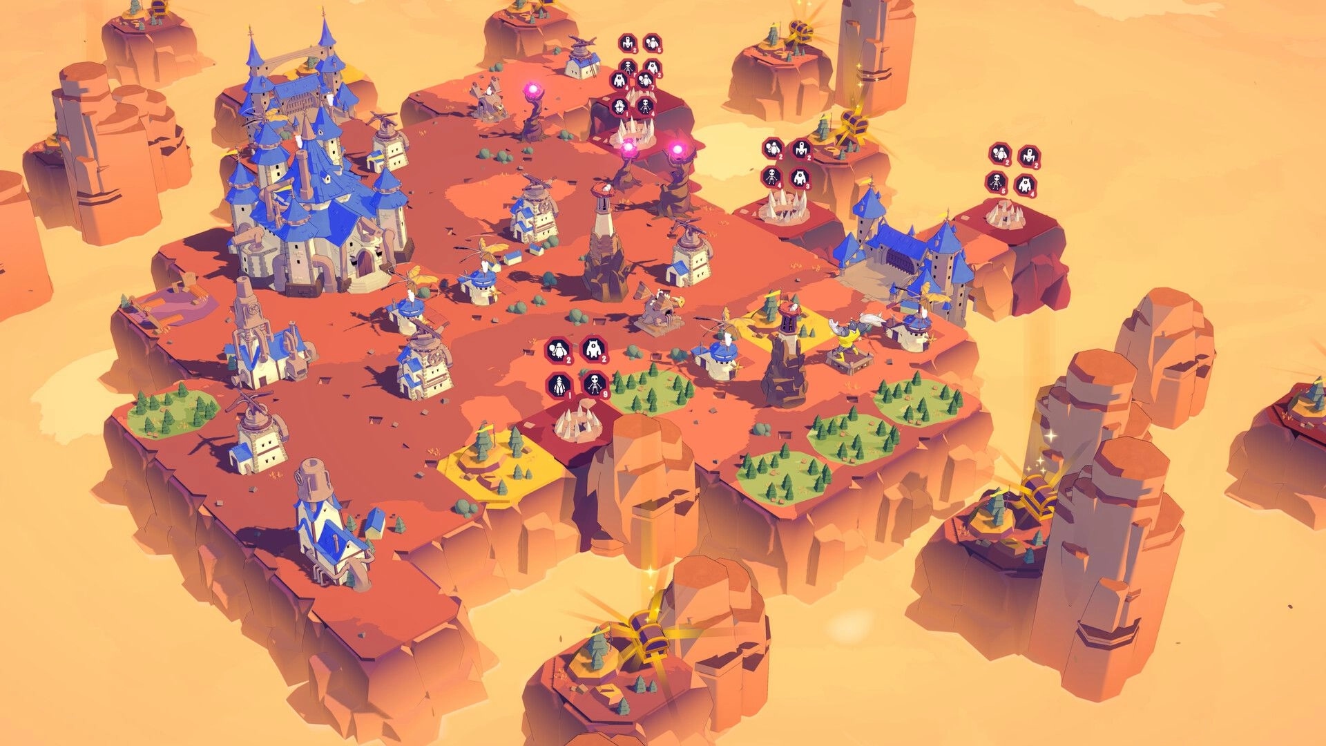 Cards & Cannons: Realm map with blue-roof castle, towers, and enemy icons on floating desert islands.