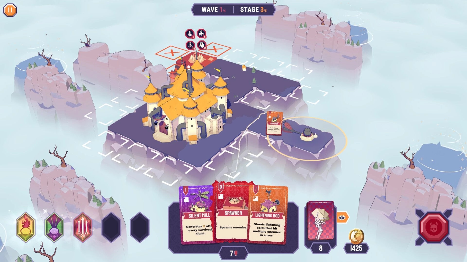 Cards & Cannons: Castle defense map with build grid and card hand UI on floating cliff islands.