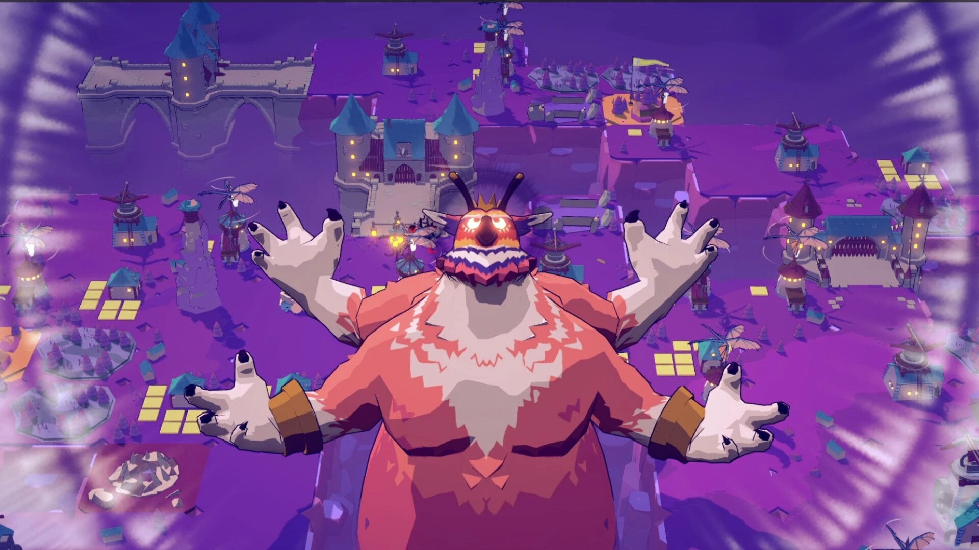 Cards & Cannons: Giant horned boss spreads arms over purple floating castles and bridges map.