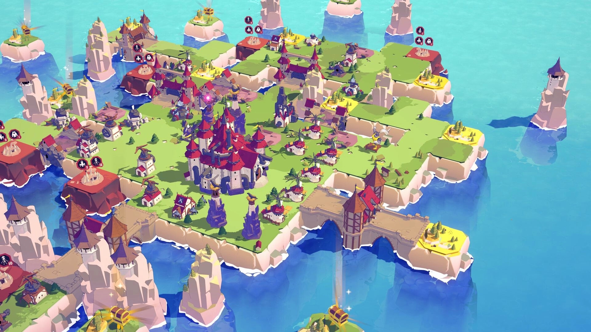 Cards & Cannons: Overworld map of island realm with castle, towers, bridges, and enemy node icons.