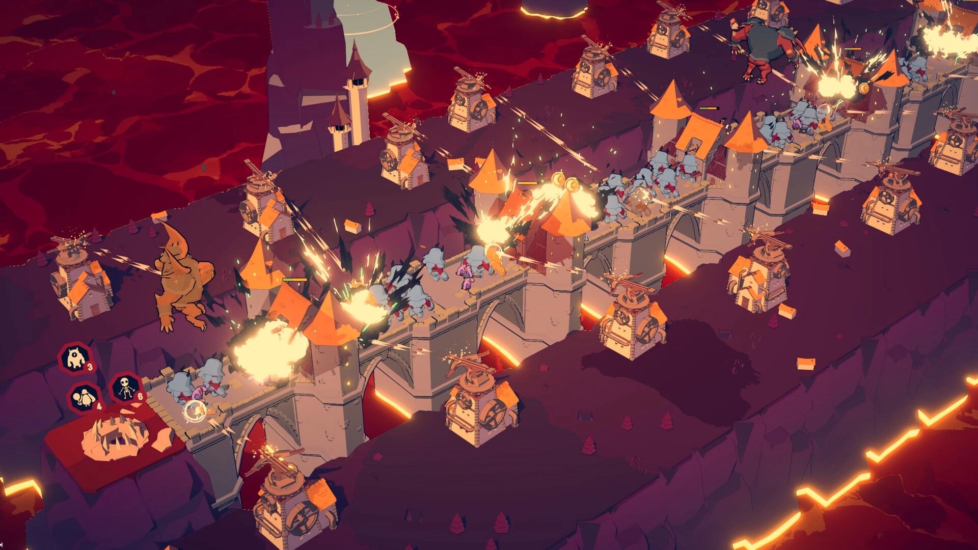 Cards & Cannons: Ballista towers blast goblins on a castle bridge over lava in a fiery realm map.