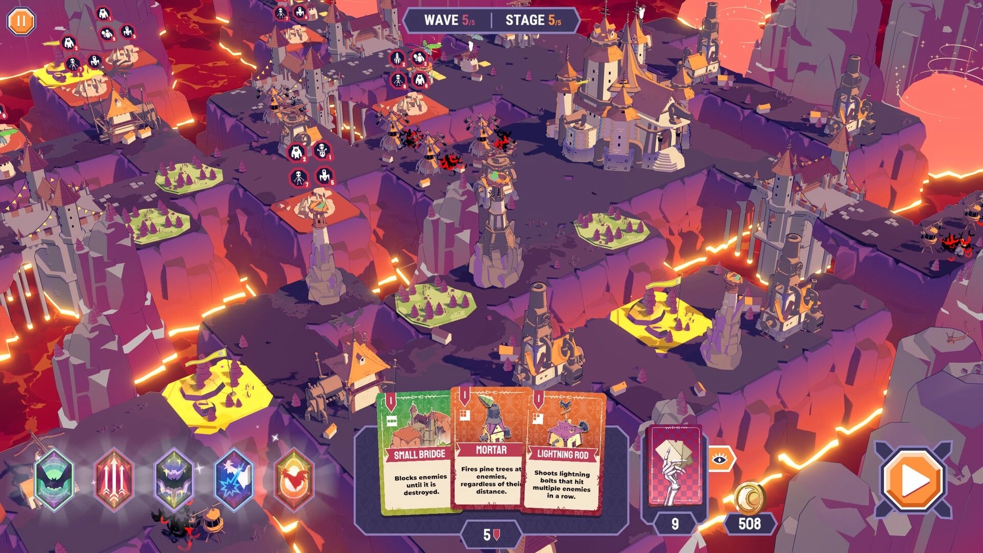 Cards & Cannons: Placing defense cards on lava cliffs with castles, Wave 5/5 Stage 5/5 UI.