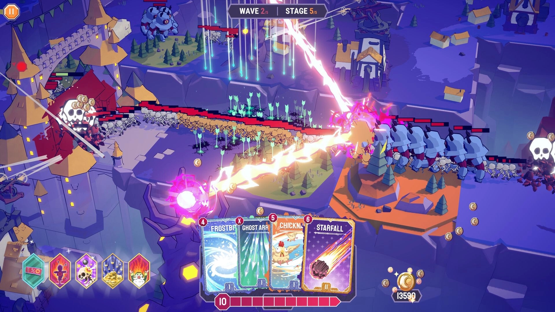 Cards & Cannons: Spells blast a marching horde as card hand is shown on a cliffside castle map.