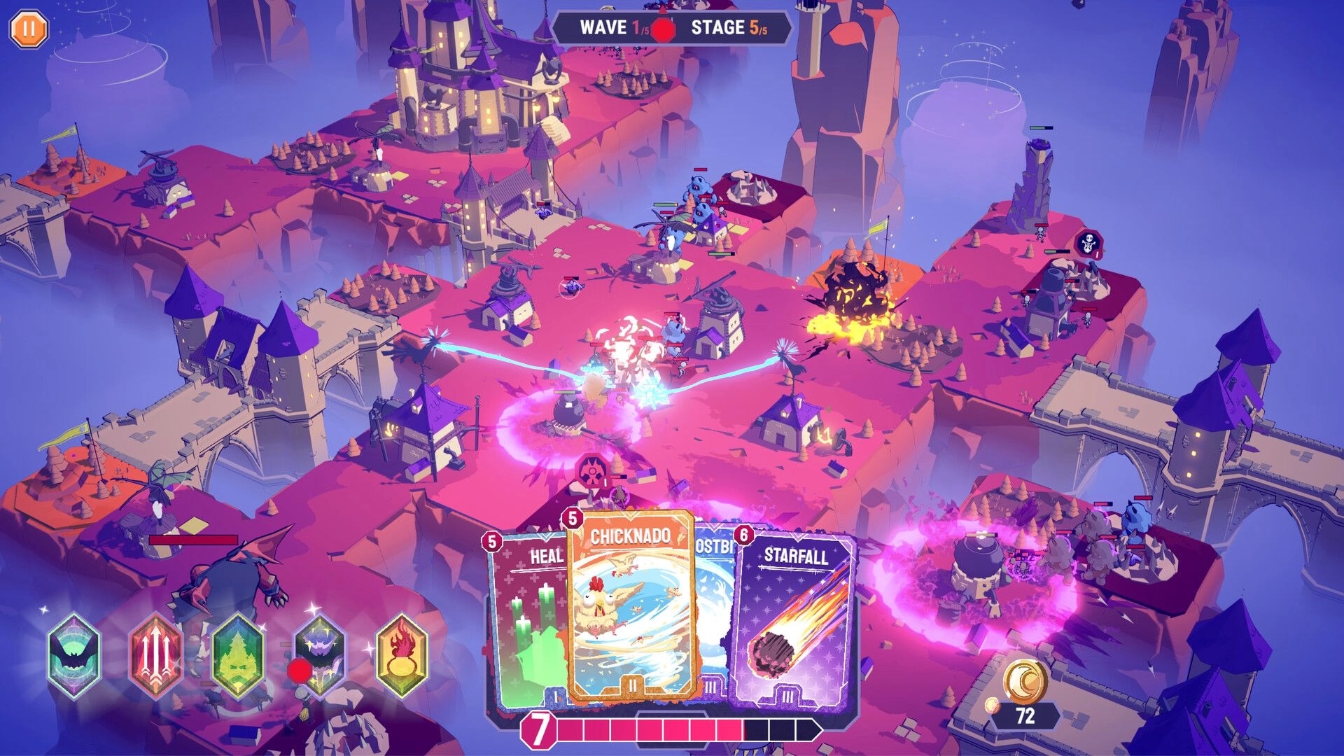 Cards & Cannons: Casting cards in Wave 1 Stage 5 battle on floating castle islands with towers and foes.