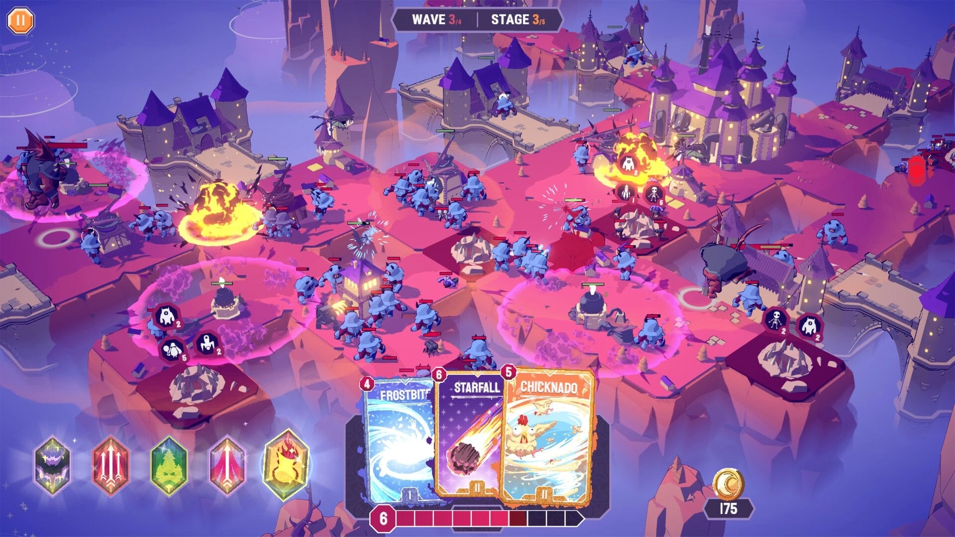 Cards & Cannons: Wave 3 battle with spells and card hand on floating castle bridges under attack.