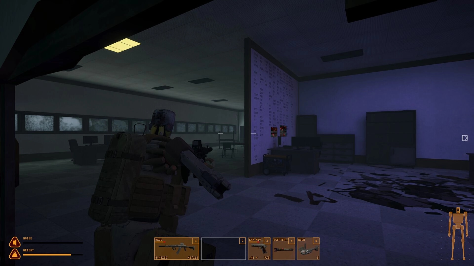 Cargo Hunters: Robot scavenger aims rifle with weapon hotbar UI inside dim abandoned office room.