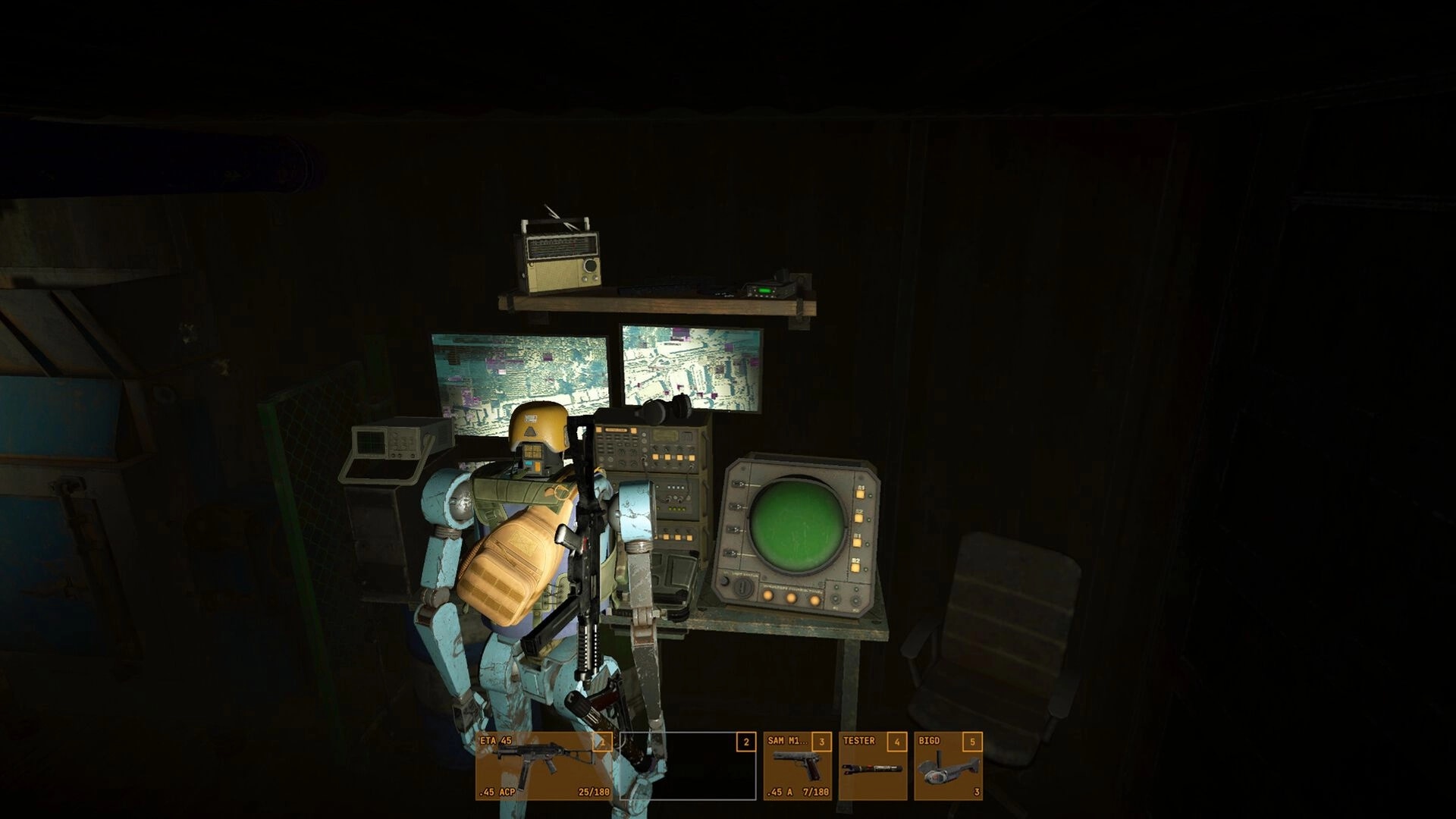 Cargo Hunters: Robot scavenger at a radar console with map monitors in a dark control room bunker.