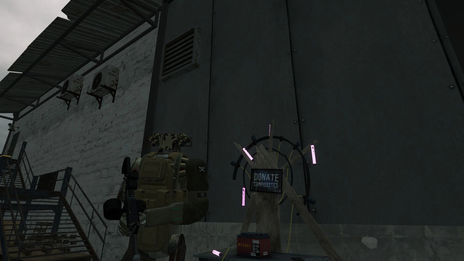 Cargo Hunters: Robot scavenger beside a donate composites station outside an industrial metal wall and stairs.