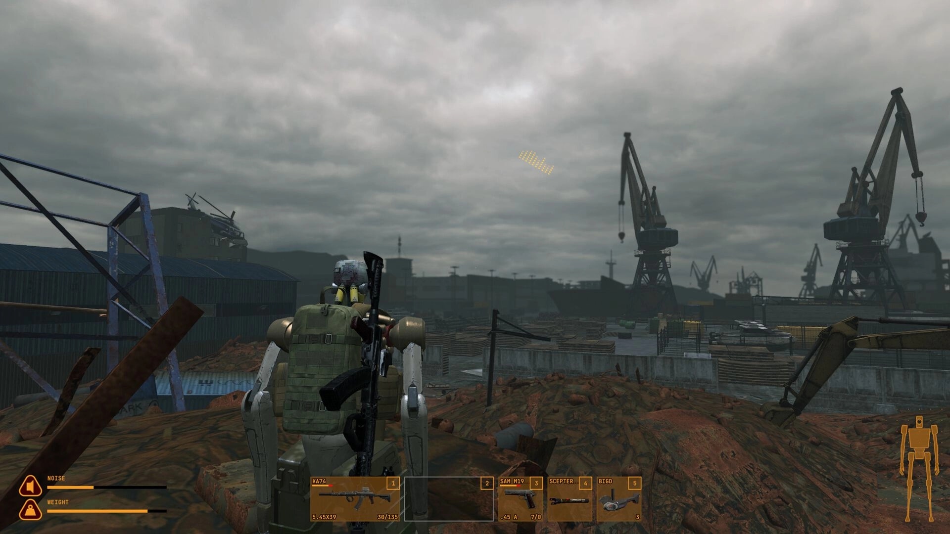 Cargo Hunters: Robot scavenger overlooking a ruined dockyard with cranes, rubble, and HUD inventory bar.