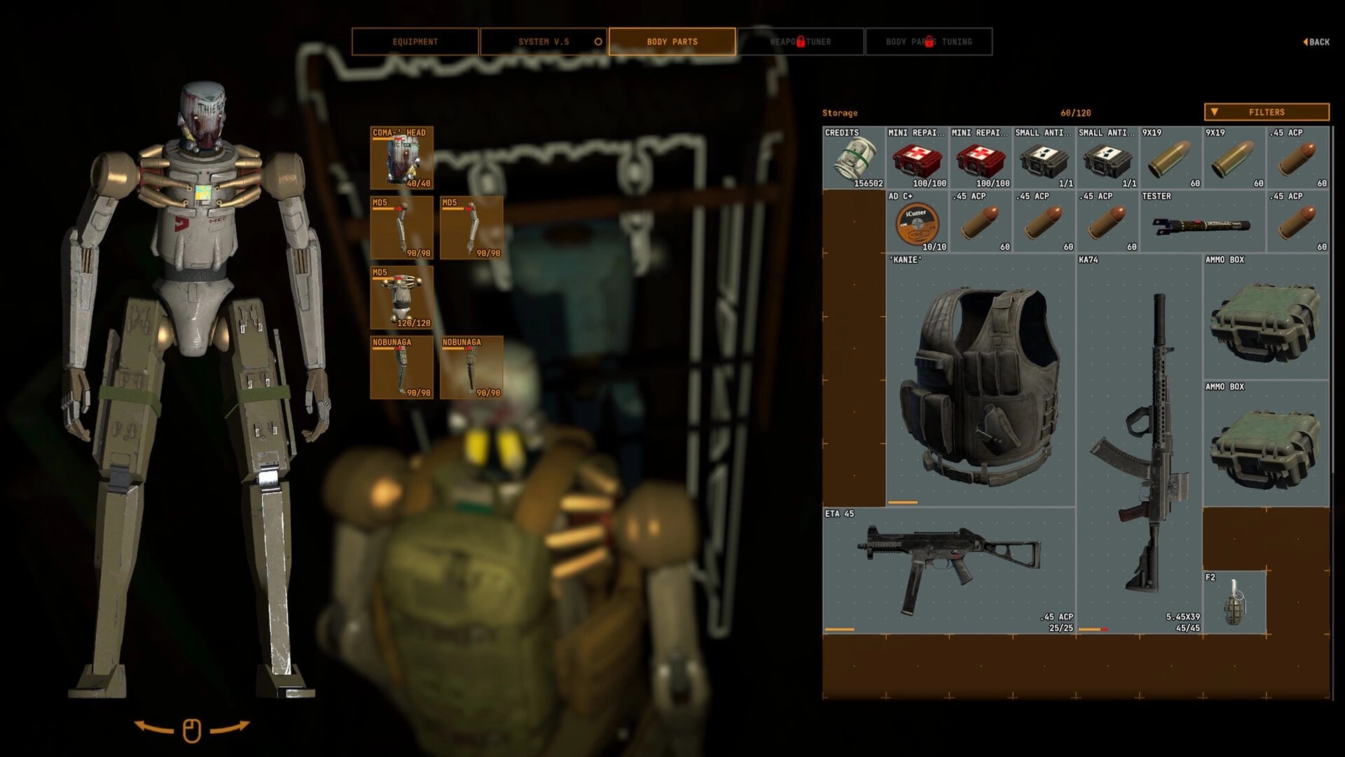 Cargo Hunters: Robot body parts and storage inventory UI with armor, ammo, and rifles in hangar.