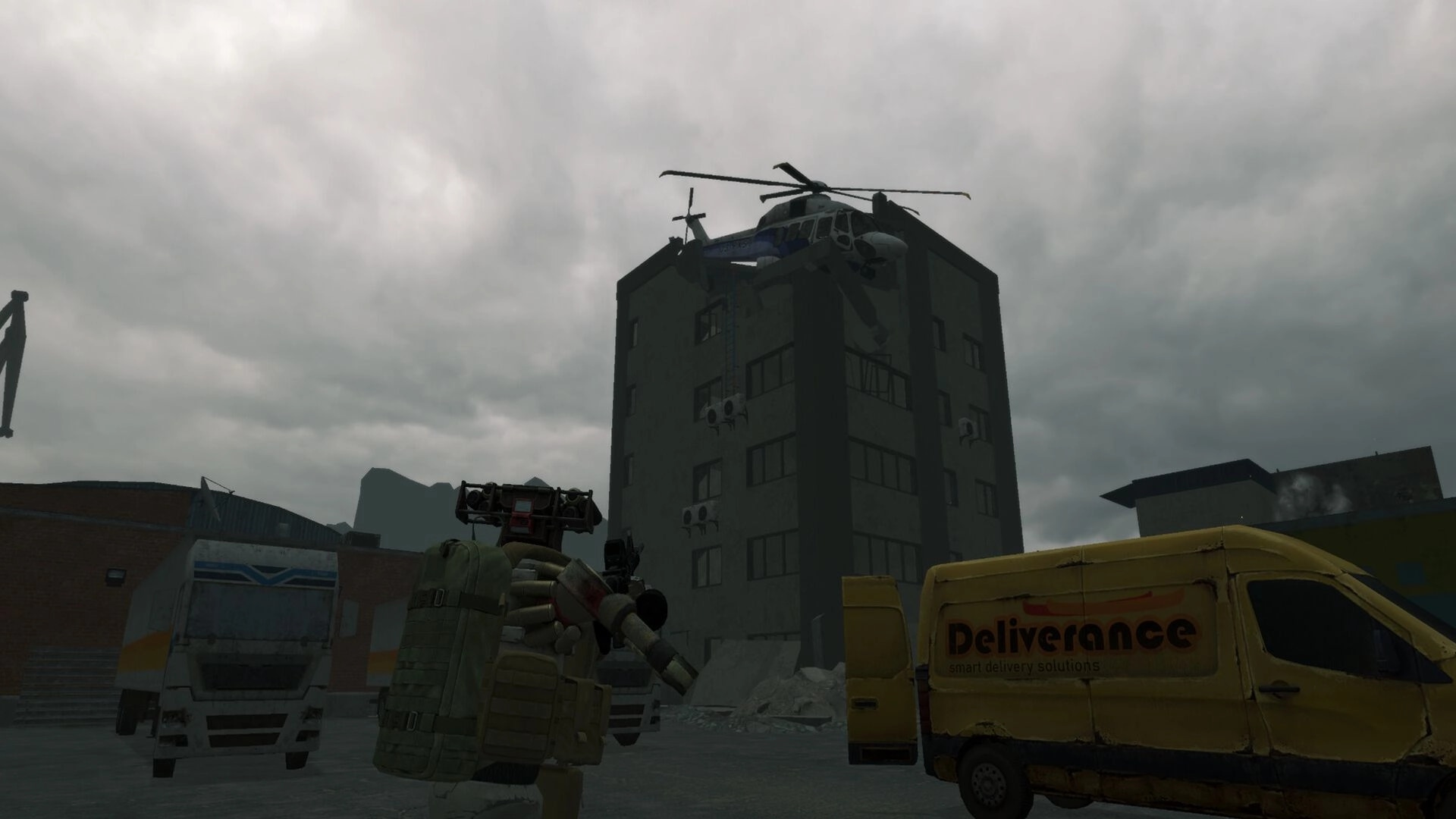 Cargo Hunters: Robot scavenger aiming rifle at rooftop helicopter in bleak industrial lot with vans.