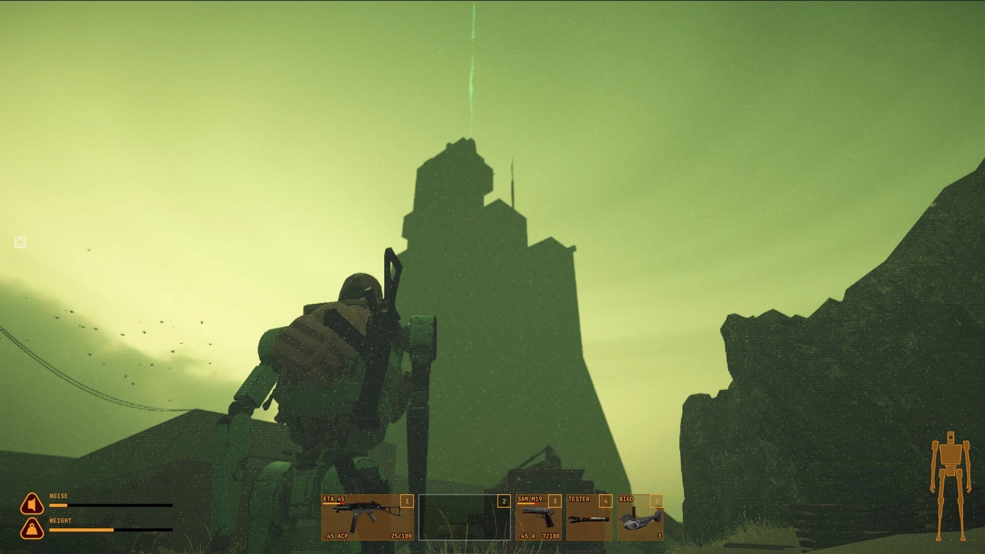 Cargo Hunters: Robot scavenger aims rifle at looming tower ruins under green sky with weapon HUD.