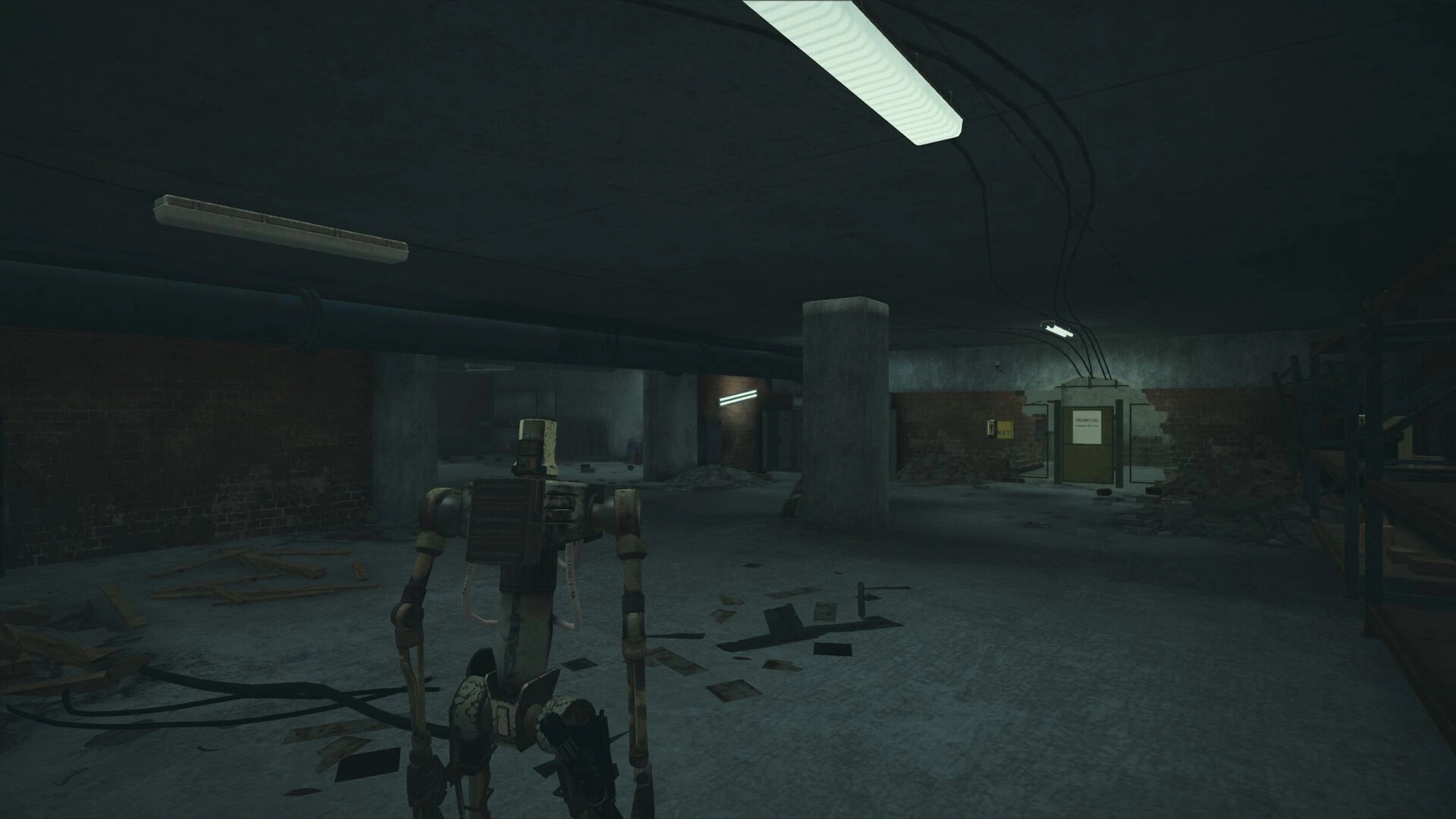 Cargo Hunters: Third-person robot exploring a dim, debris-strewn underground facility with pillars.