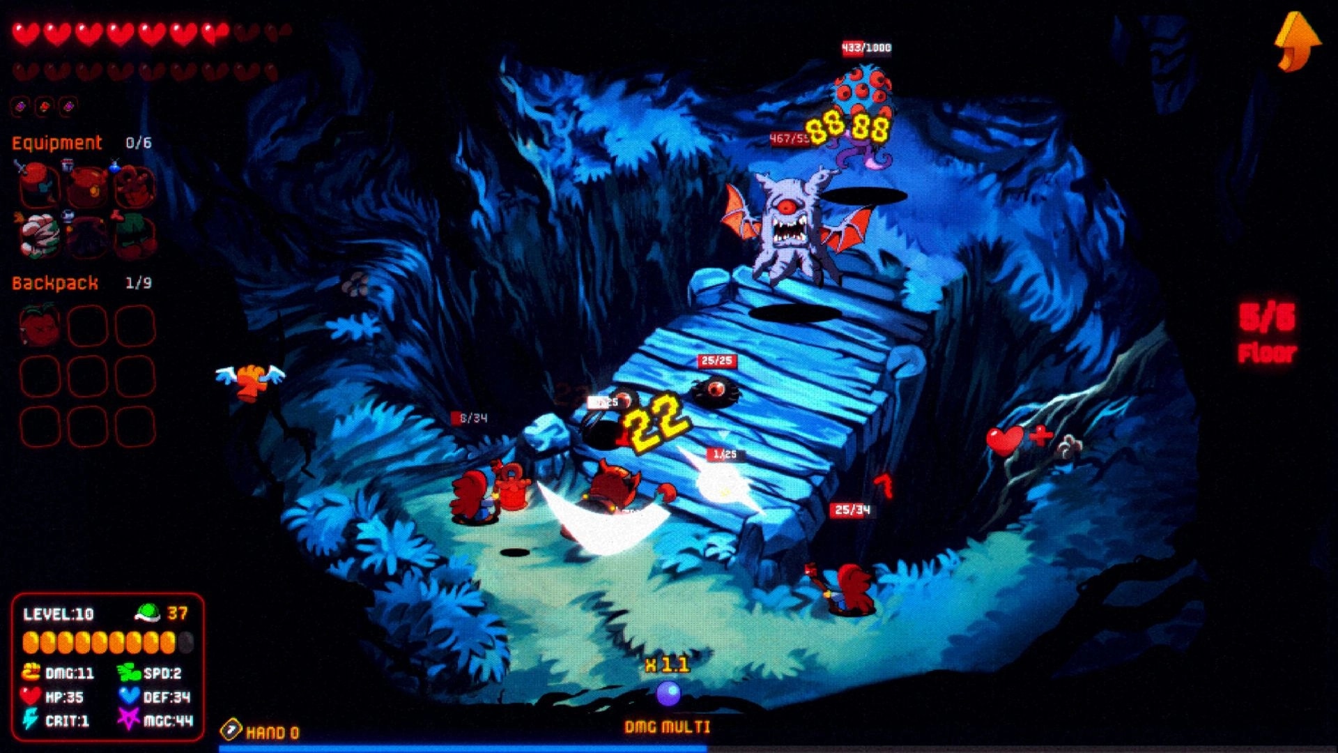 CARNEDGE: Player battles monsters on a wooden bridge with health bars and damage numbers displayed.