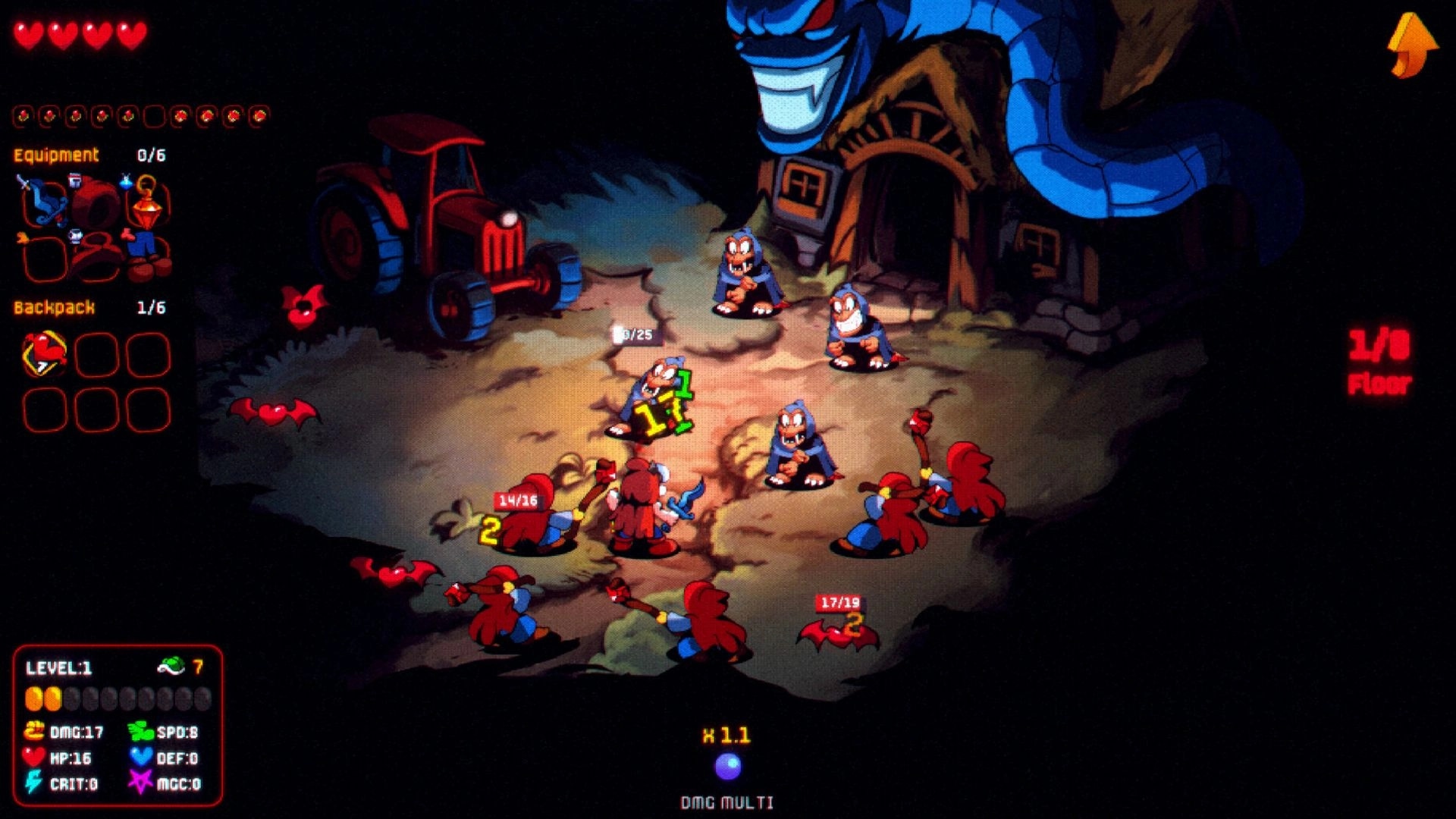 CARNEDGE: Battle against robed enemies with health bars in front of a hut, UI shows inventory and stats.